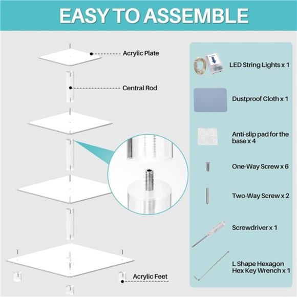 4 Tier Clear Acrylic Cupcake Stand with Gold LED String Lights, Square Tower - Picture 6 of 7